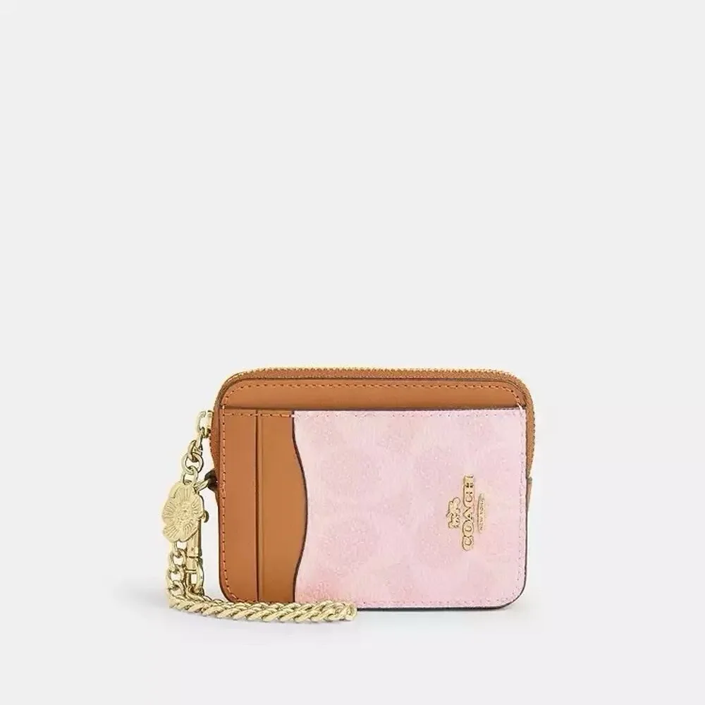 NWT Coach Zip Card Case In Signature Canvas With Charm Gold/Powder Pink CEC50 - Picture 7 of 7